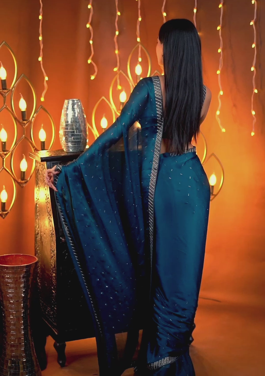 Peacock Blue Crepe Silver Stonework Saree With Matching Blouse Piece