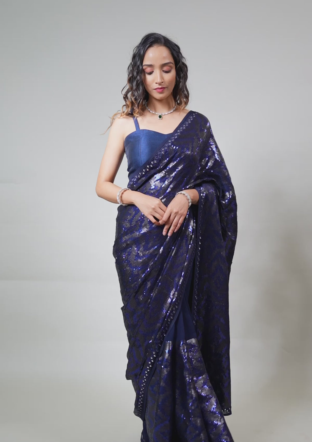 Navy Blue Georgette Sequins Saree With Matching Blouse Piece