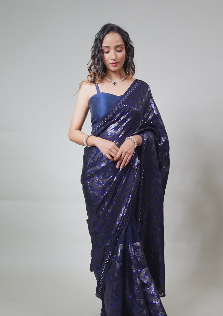 Navy Blue Georgette Sequins Saree With Matching Blouse Piece