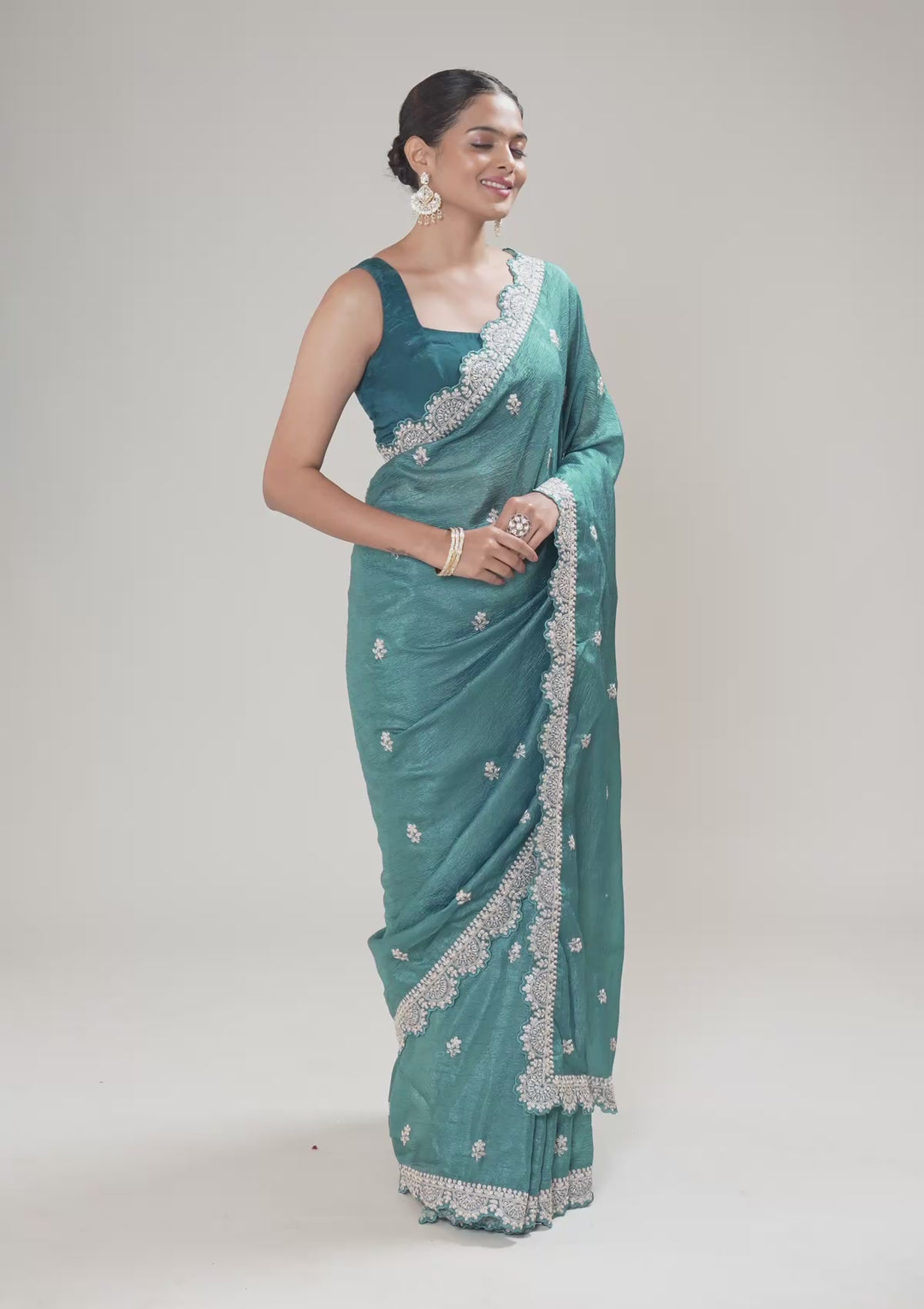 Peacock Blue Crepe Silver Zariwork Saree With Matching Blouse Piece