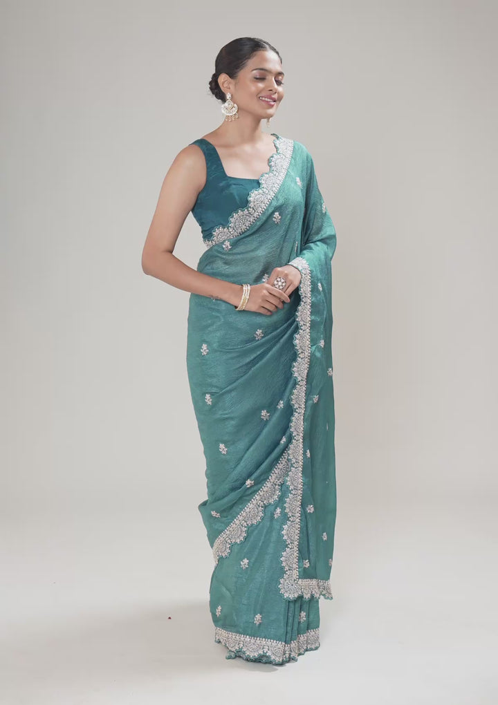 Peacock Blue Crepe Silver Zariwork Saree With Matching Blouse Piece