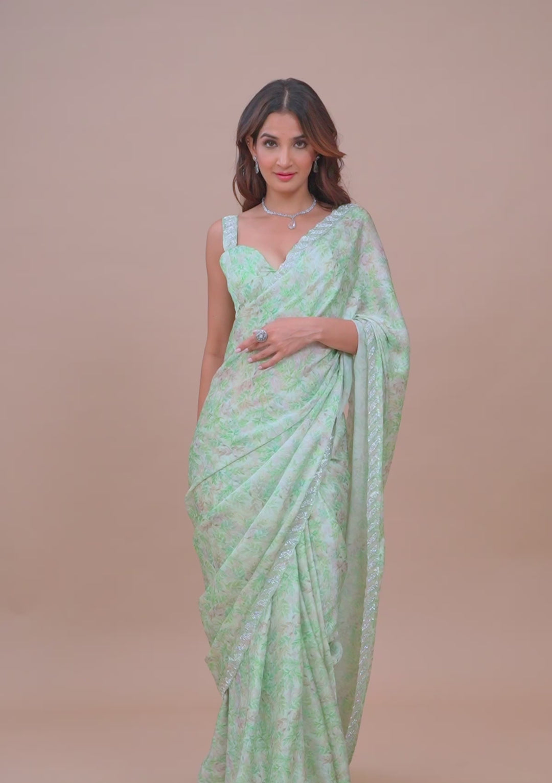 Sea Green Satin Floral Cutdana Saree With Matching Blouse Piece