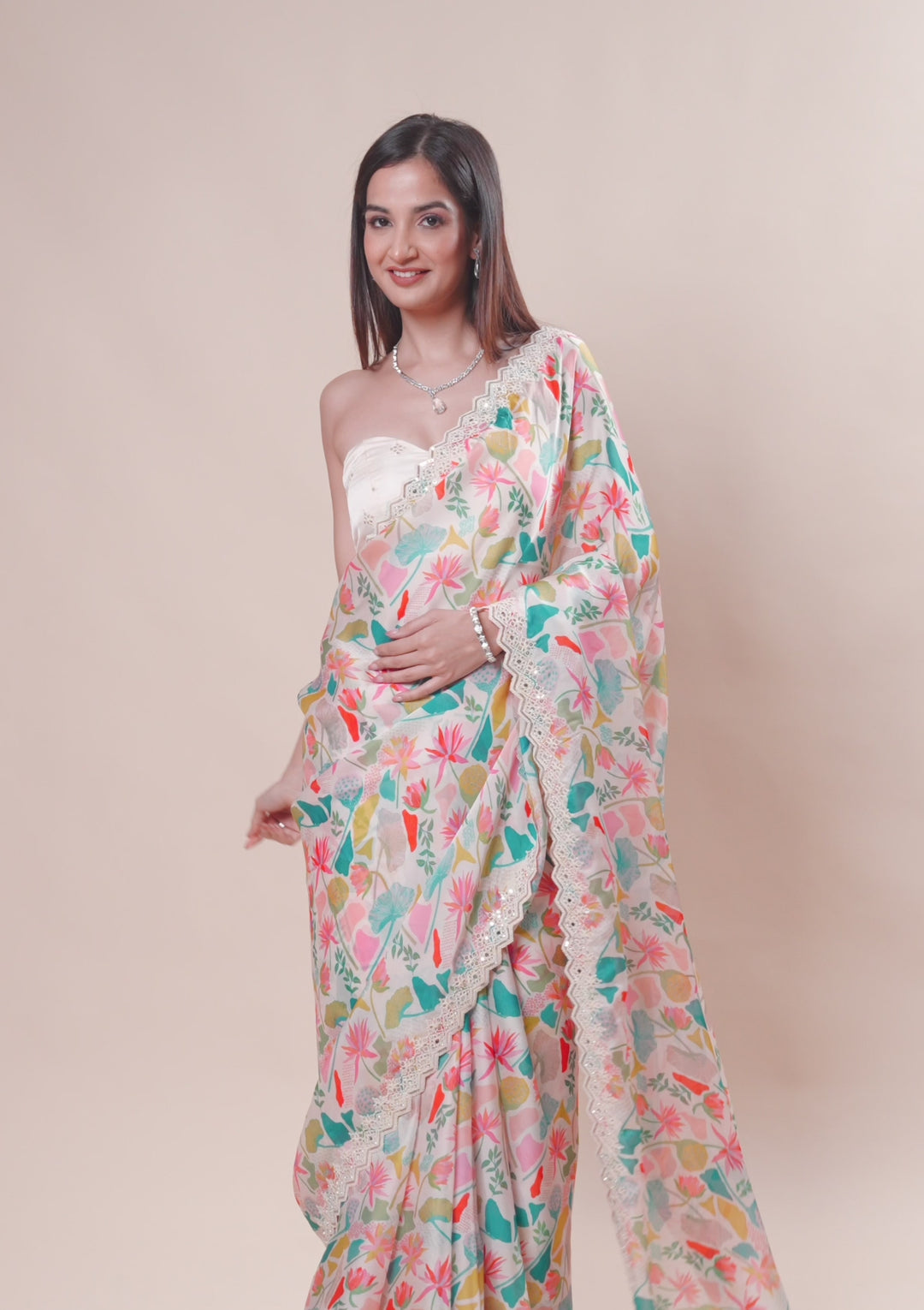 White Georgette Floral Printed Gold Zariwork Saree With Matching Blouse Piece