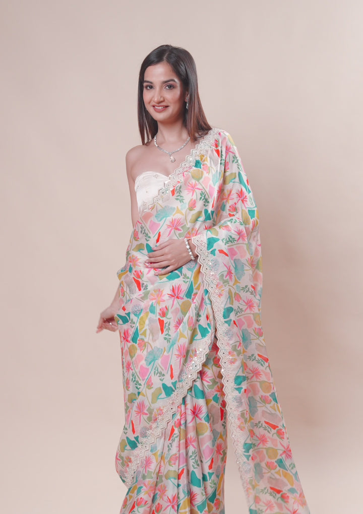 White Georgette Floral Printed Gold Zariwork Saree With Matching Blouse Piece
