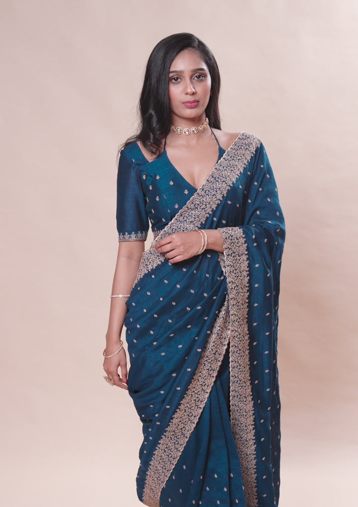 Navy Blue Zariwork Soft Silk Saree