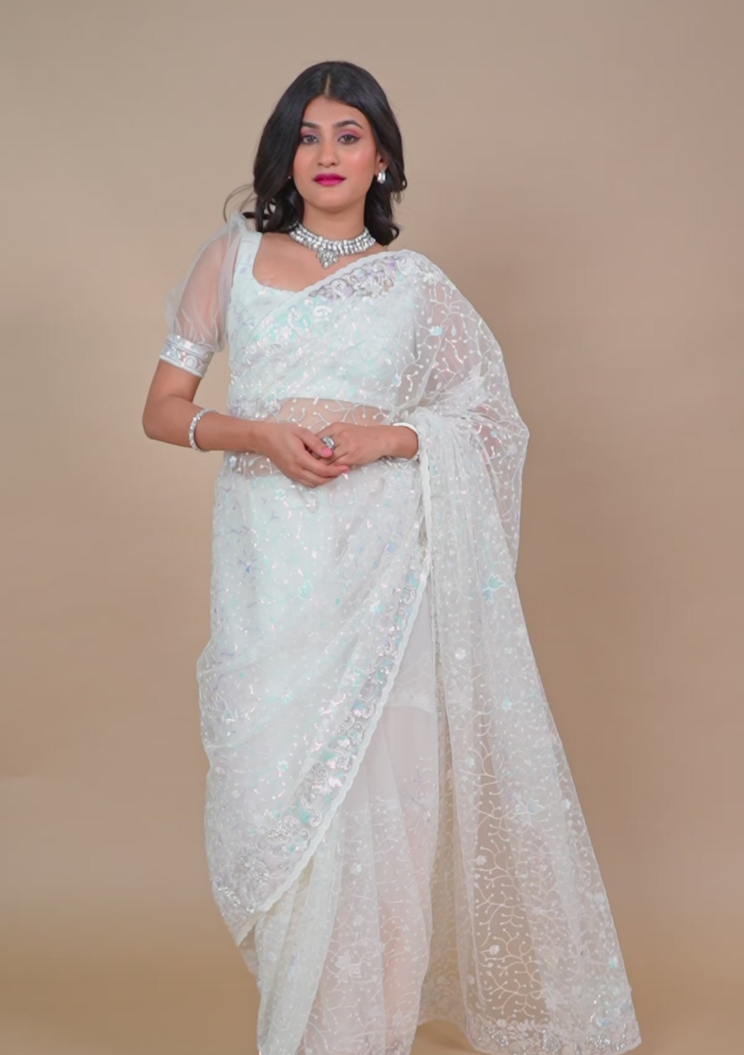 White Sequins Net Saree