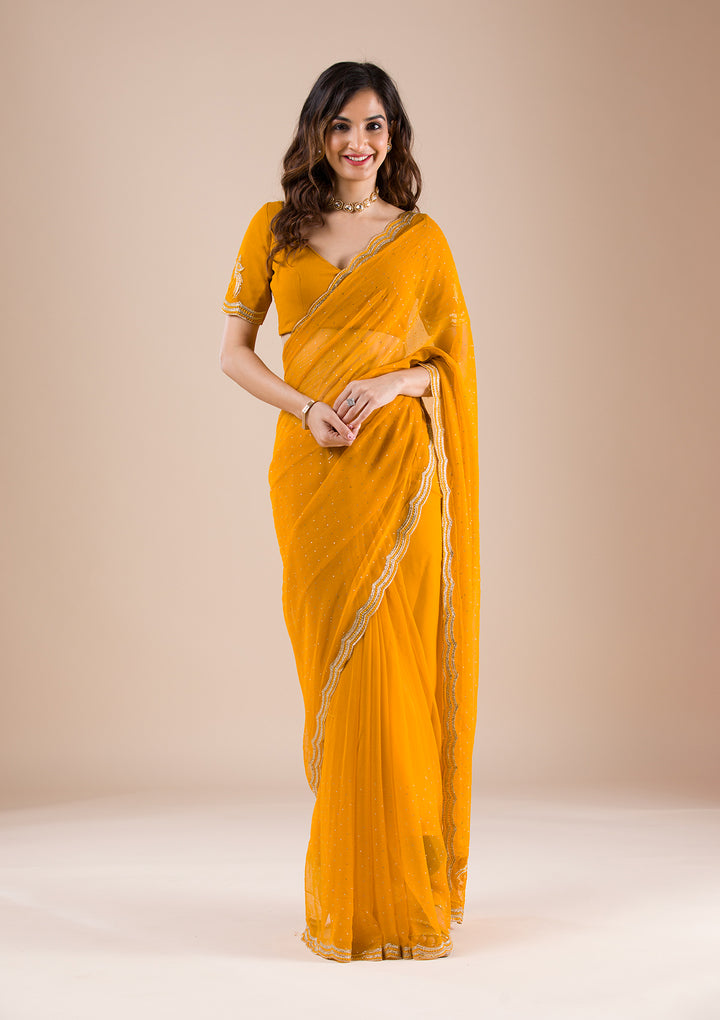Yellow Chiffon Gold Zariwork Saree With Matching Blouse Piece