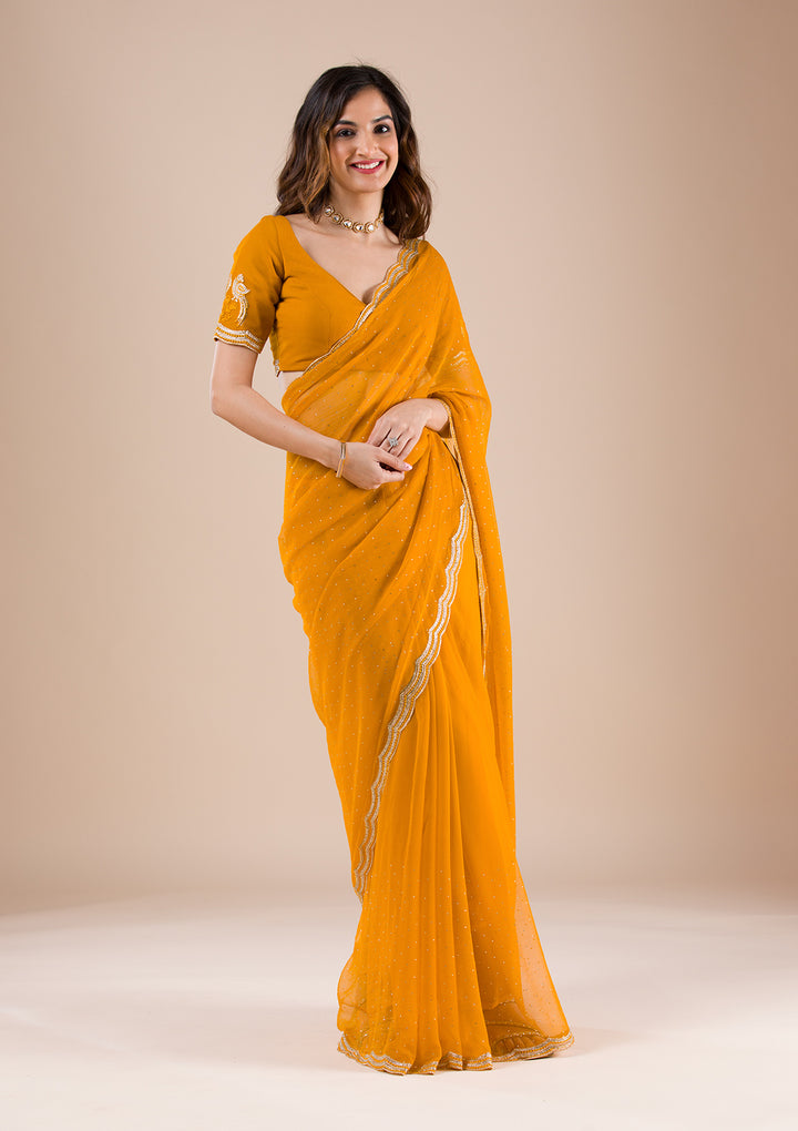 Yellow Chiffon Gold Zariwork Saree With Matching Blouse Piece