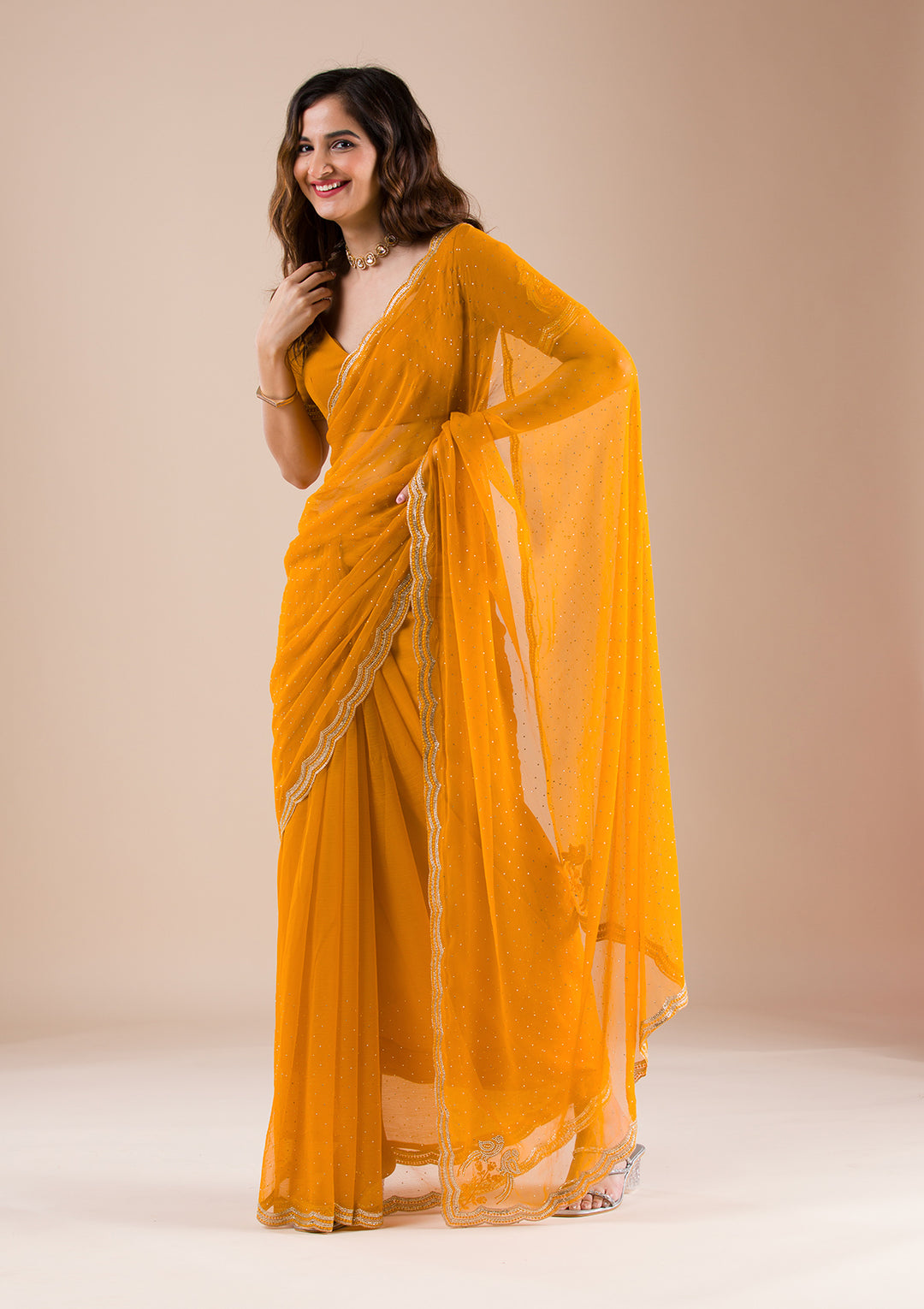 Yellow Chiffon Gold Zariwork Saree With Matching Blouse Piece