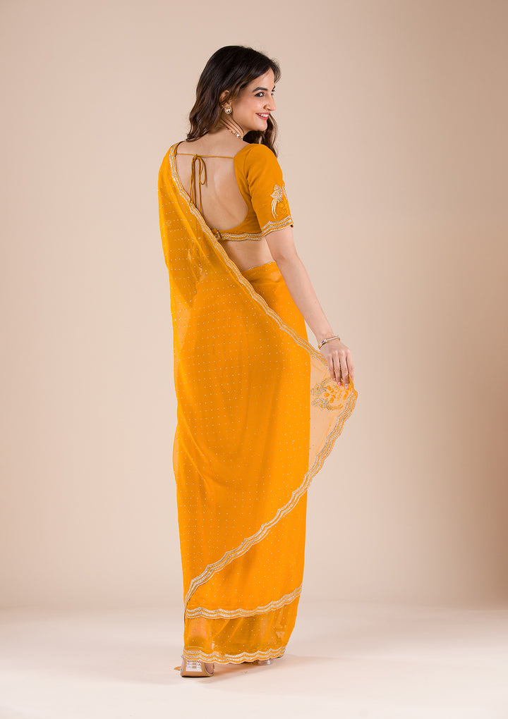 Yellow Chiffon Gold Zariwork Saree With Matching Blouse Piece