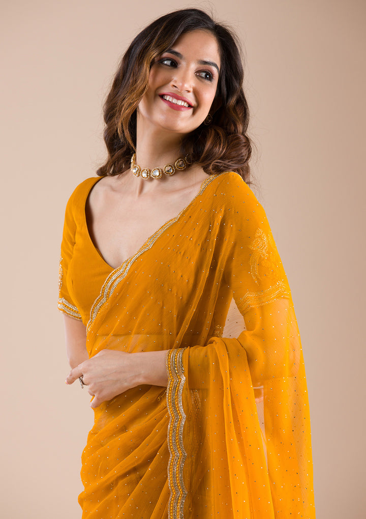 Yellow Chiffon Gold Zariwork Saree With Matching Blouse Piece