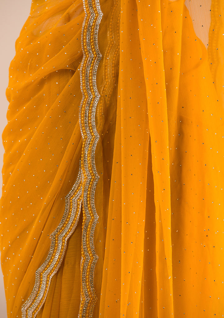 Yellow Chiffon Gold Zariwork Saree With Matching Blouse Piece