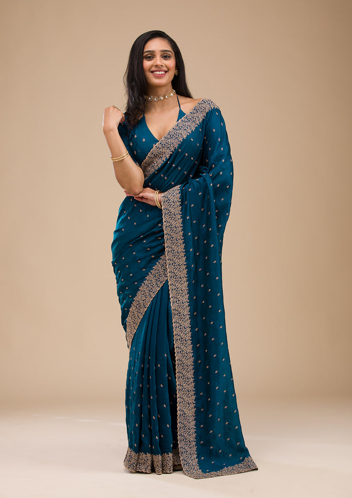 Navy Blue Soft Raw Silk Gold Zariwork Saree With Matching Blouse Piece
