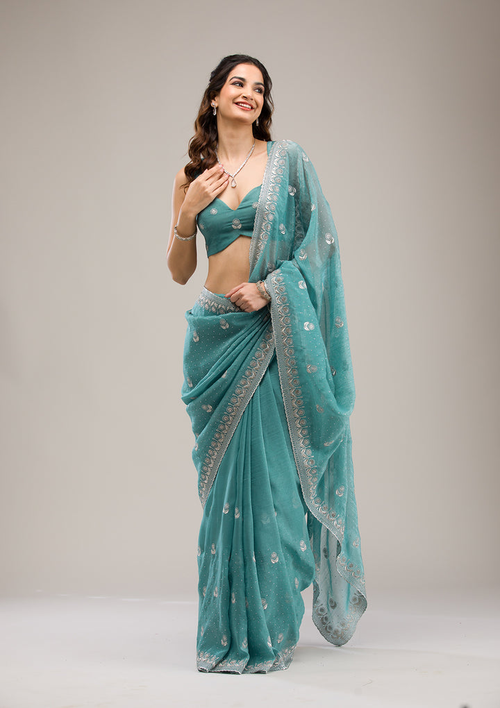 Turquoise Blue Tissue Silver Zariwork Saree With Matching Blouse Piece