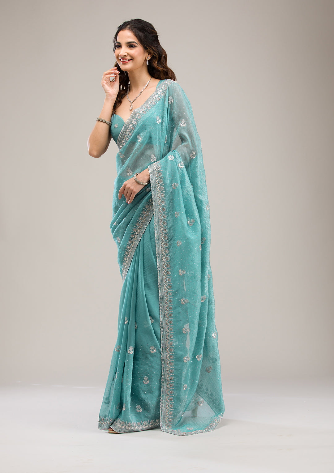 Turquoise Blue Tissue Silver Zariwork Saree With Matching Blouse Piece
