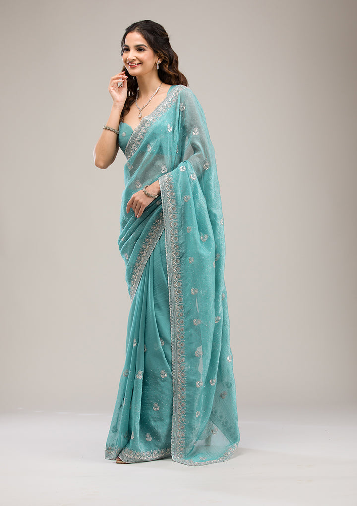 Turquoise Blue Tissue Silver Zariwork Saree With Matching Blouse Piece