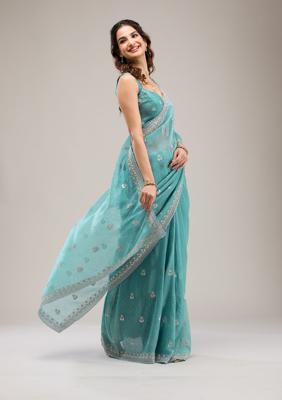 Turquoise Blue Tissue Silver Zariwork Saree With Matching Blouse Piece