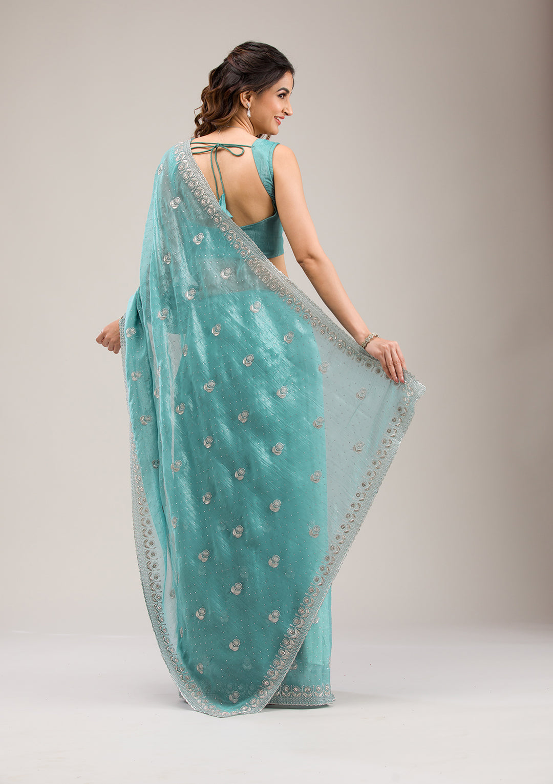 Turquoise Blue Tissue Silver Zariwork Saree With Matching Blouse Piece