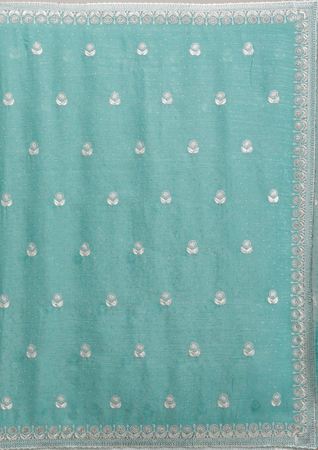 Turquoise Blue Tissue Silver Zariwork Saree With Matching Blouse Piece