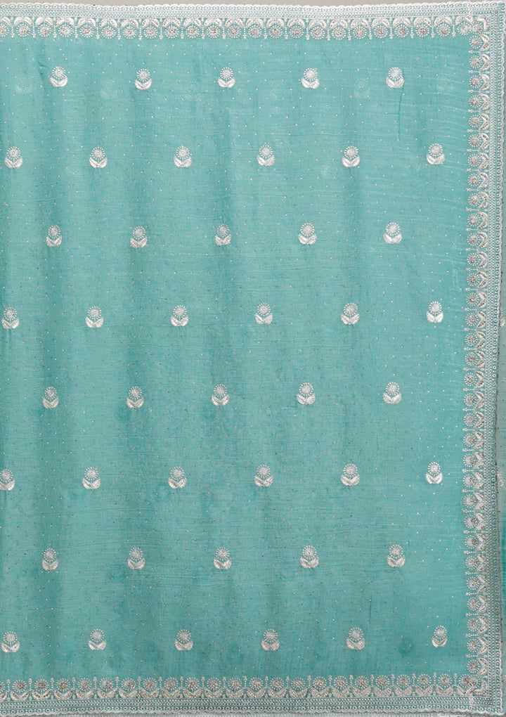 Turquoise Blue Tissue Silver Zariwork Saree With Matching Blouse Piece