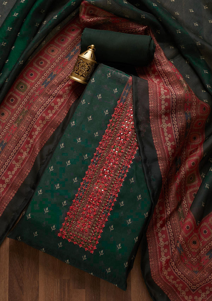 Bottle Green Chanderi Floral Threadwork Unstitched Dress Material With Matching Bottom And Dupatta