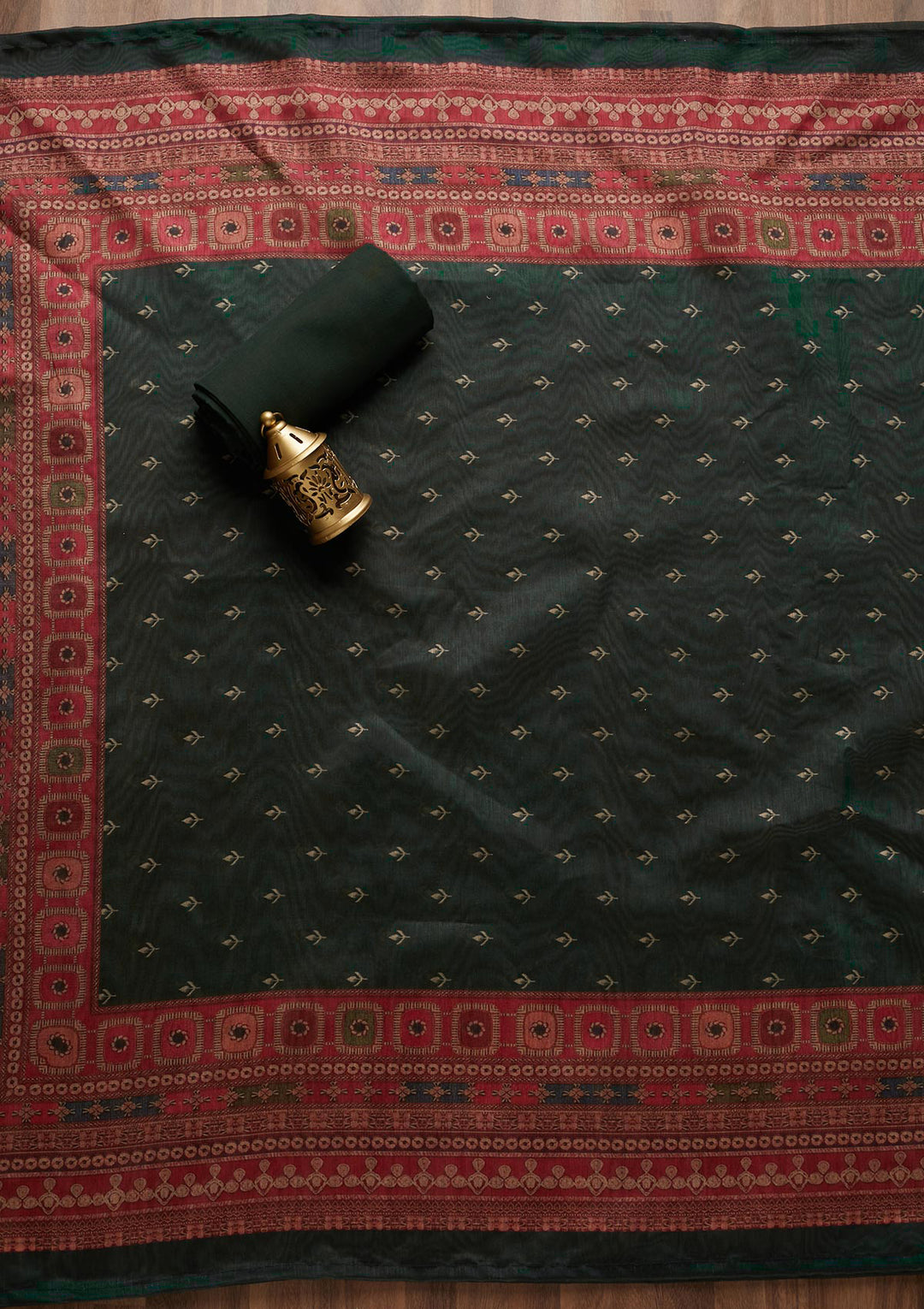 Bottle Green Chanderi Floral Threadwork Unstitched Dress Material With Matching Bottom And Dupatta
