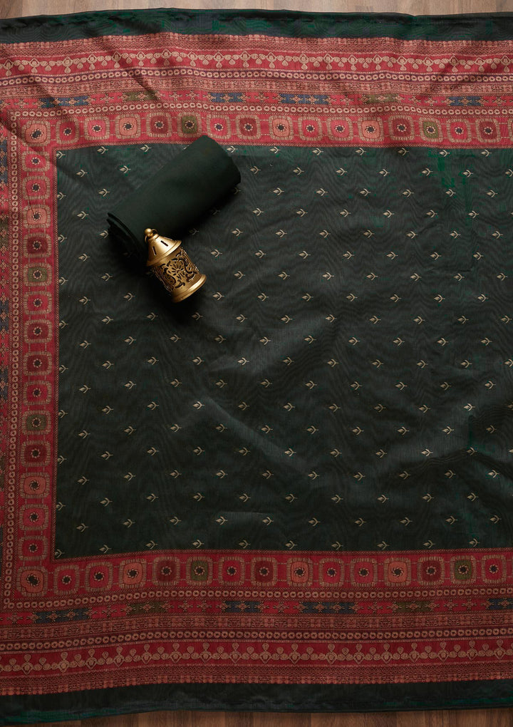 Bottle Green Chanderi Floral Threadwork Unstitched Dress Material With Matching Bottom And Dupatta