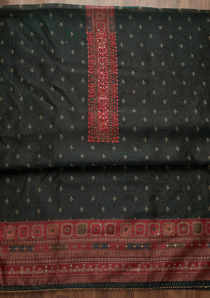 Bottle Green Chanderi Floral Threadwork Unstitched Dress Material With Matching Bottom And Dupatta