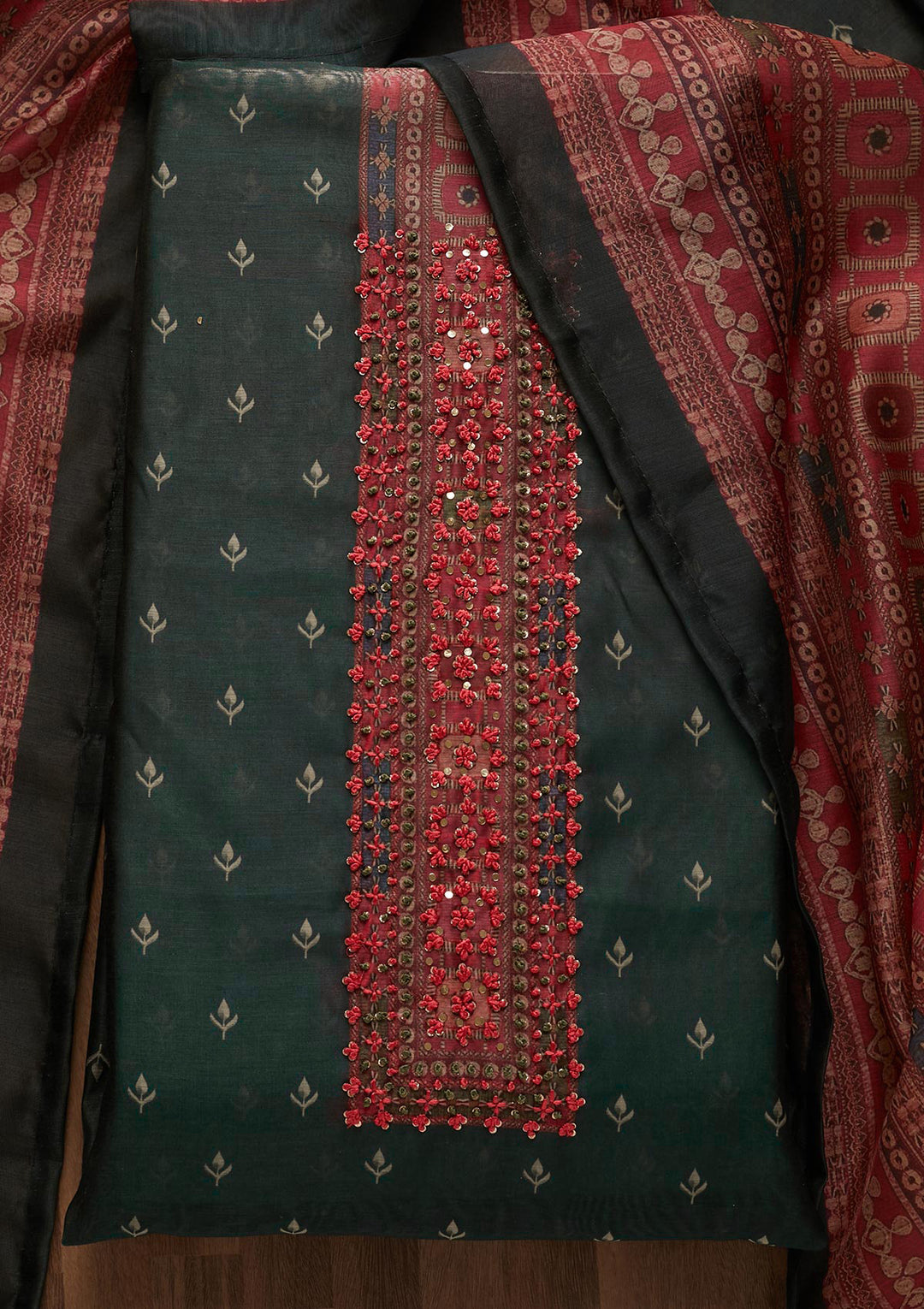Bottle Green Chanderi Floral Threadwork Unstitched Dress Material With Matching Bottom And Dupatta