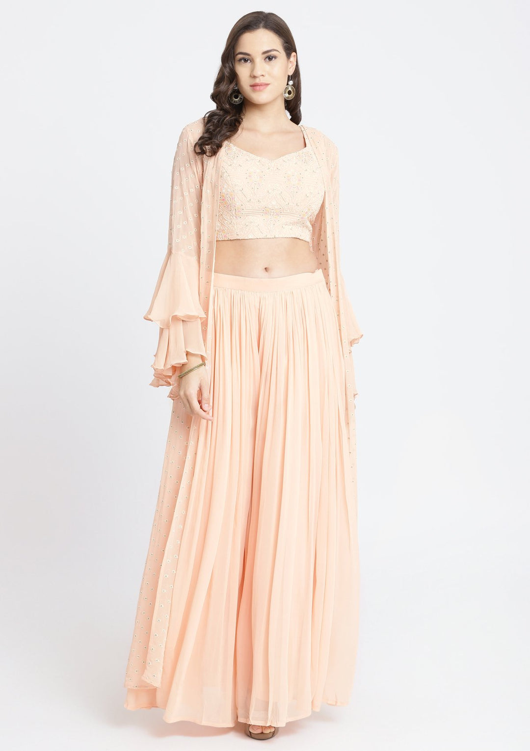 Peach Threadwork Georgette Designer Crop Top Set-Koskii