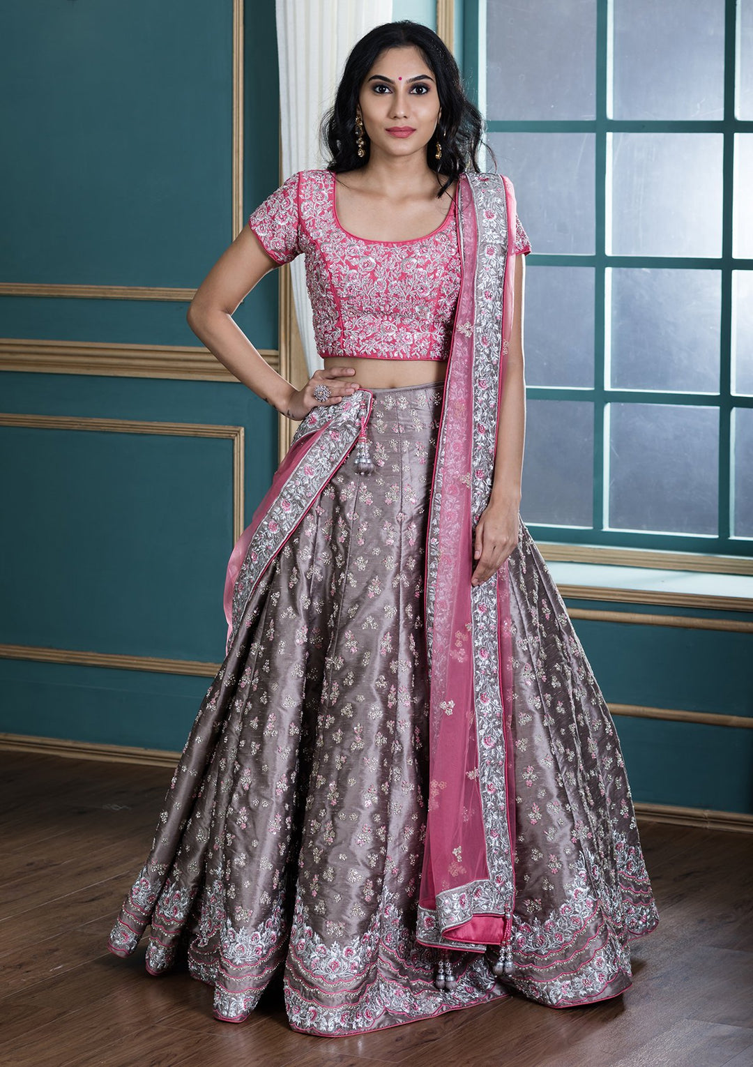 Grey Stone Work Silk Designer Lehenga-Koskii