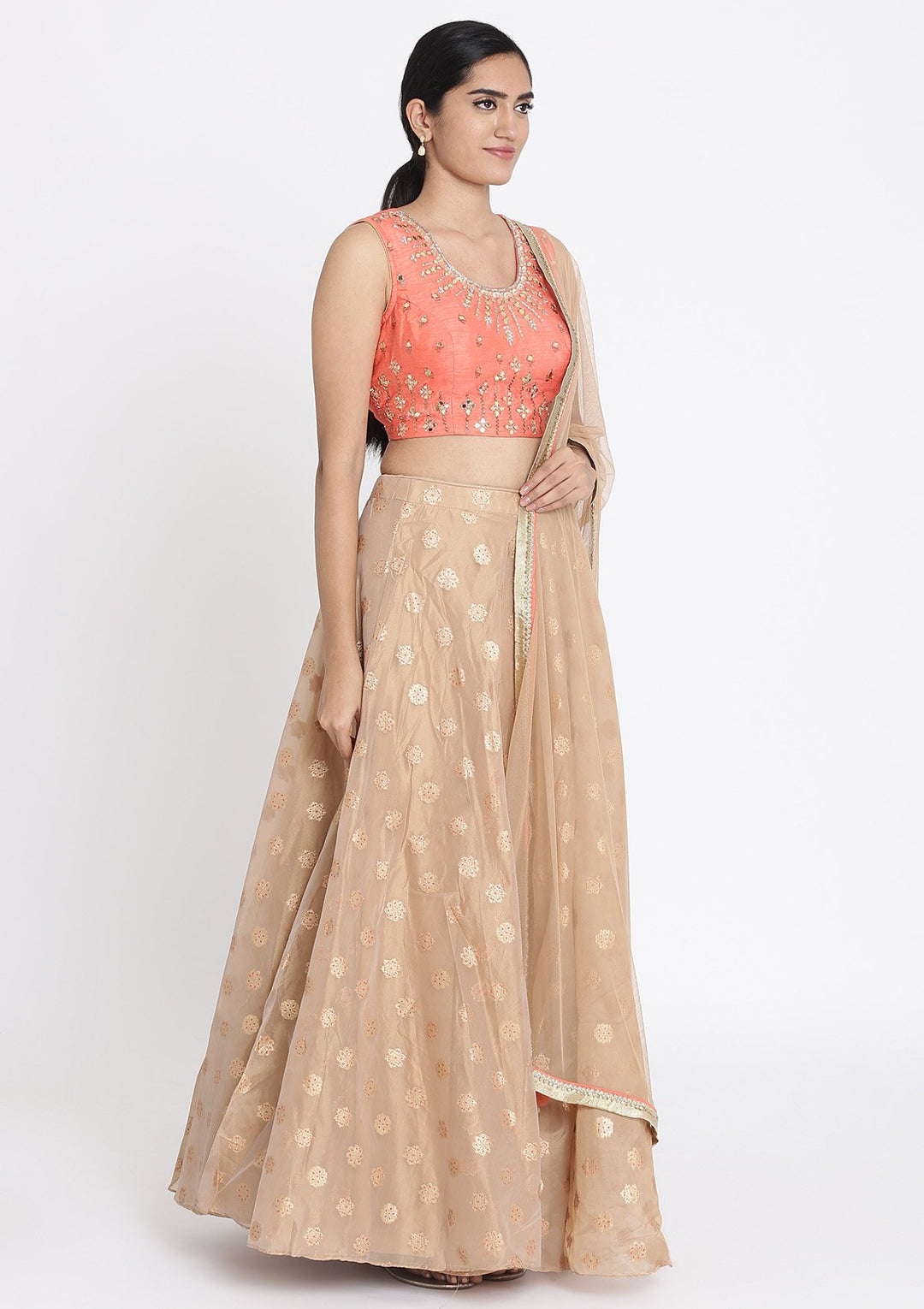 Light Brown And Peach Mirrorwork Tissue Designer Lehenga - koskii