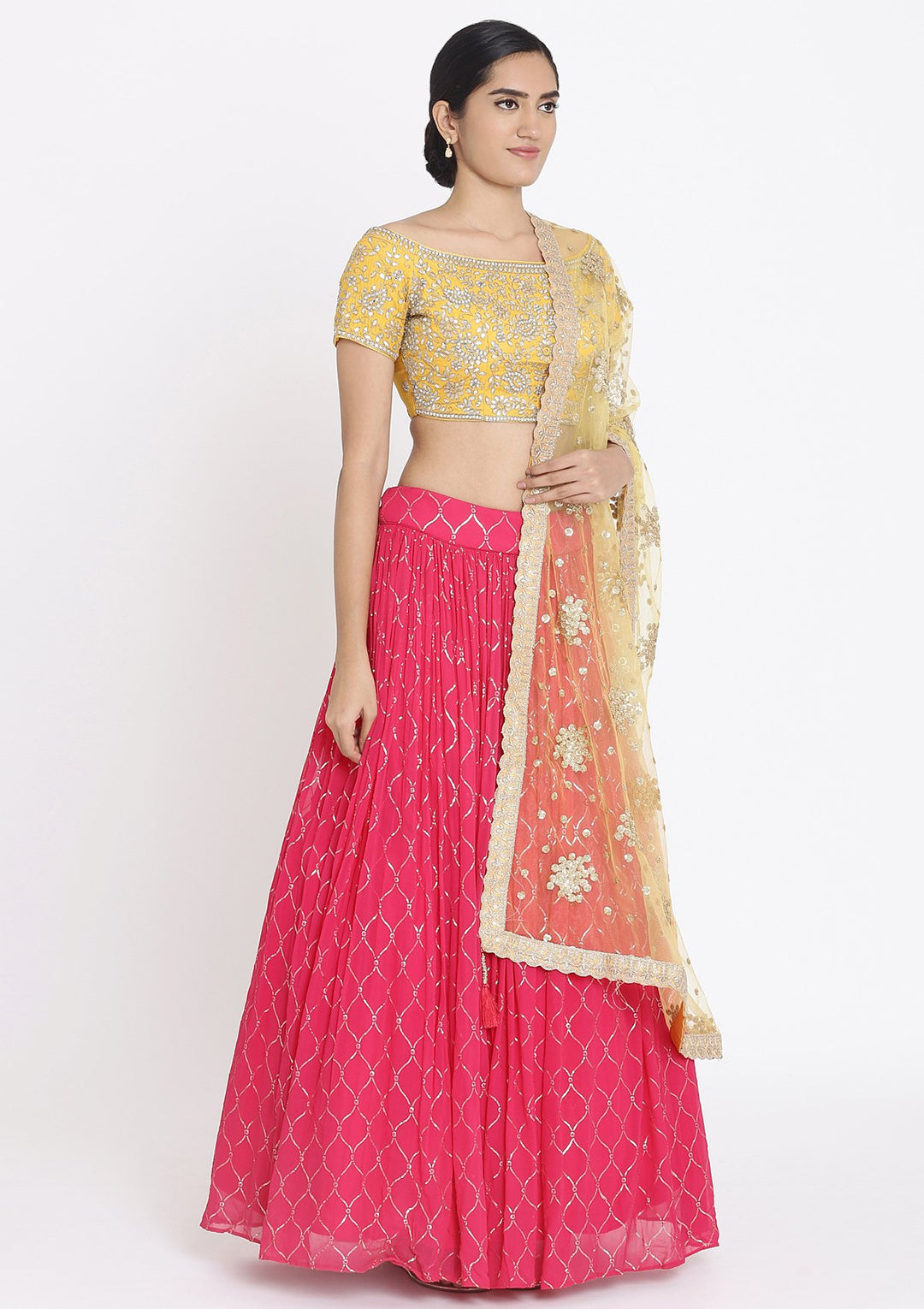 Rani Pink And Yellow Gotapatti Georgette Designer Lehenga - koskii