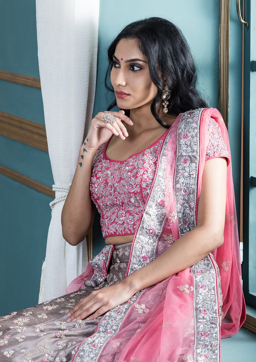 Grey Stone Work Silk Designer Lehenga-Koskii