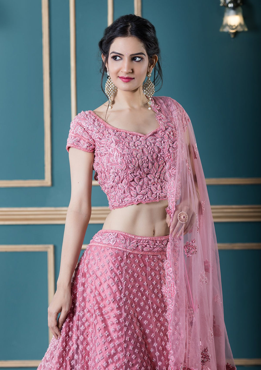 Pink Stonework Net Designer Lehenga-Koskii