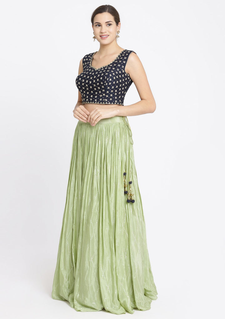 Pista Green and Navy Blue Mirrorwork Satin Designer Lehenga-Koskii