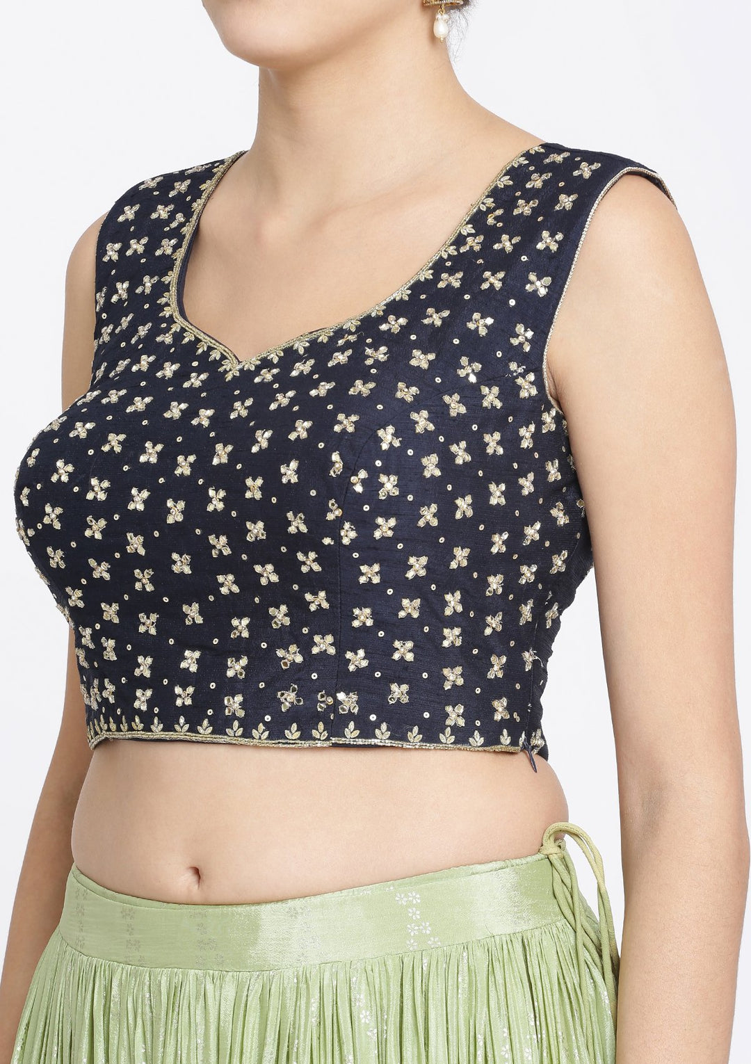 Pista Green and Navy Blue Mirrorwork Satin Designer Lehenga-Koskii