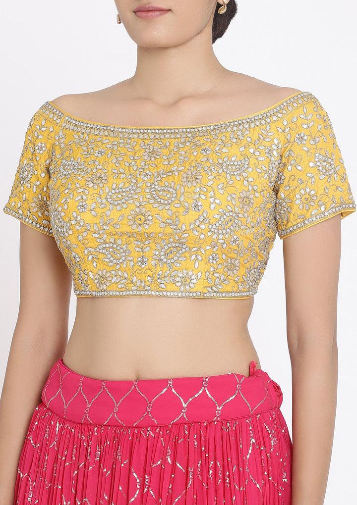 Rani Pink And Yellow Gotapatti Georgette Designer Lehenga - koskii