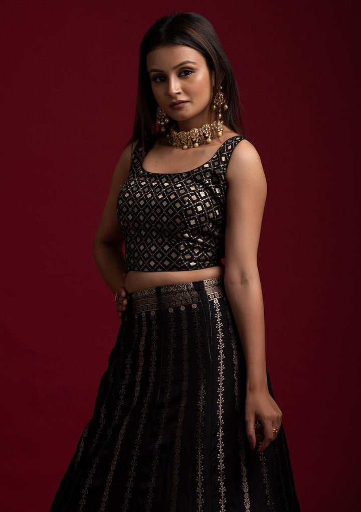 Black Gotapatti Banarasi Designer Semi-Stitched Lehenga - koskii