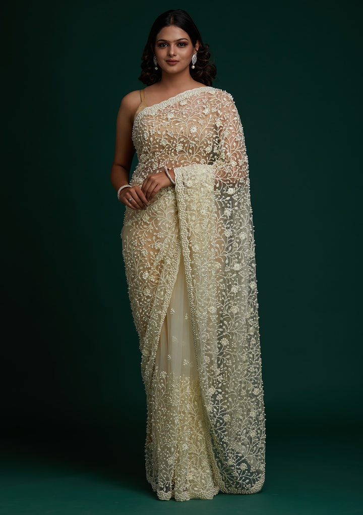 Cream Pearlwork  Net Designer Saree - Koskii