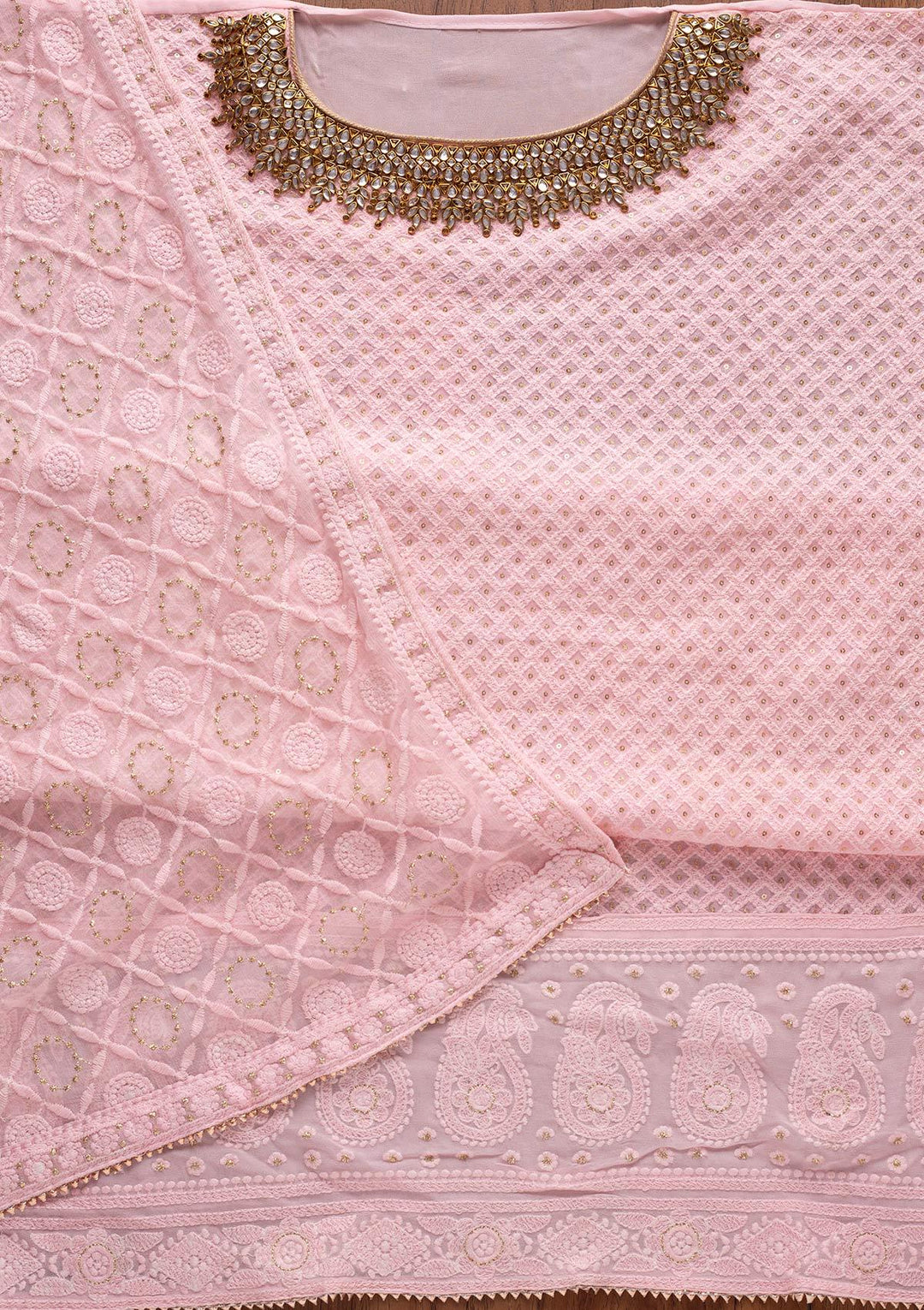 Baby Pink Stonework Georgette Designer Unstitched Salwar Suit - koskii