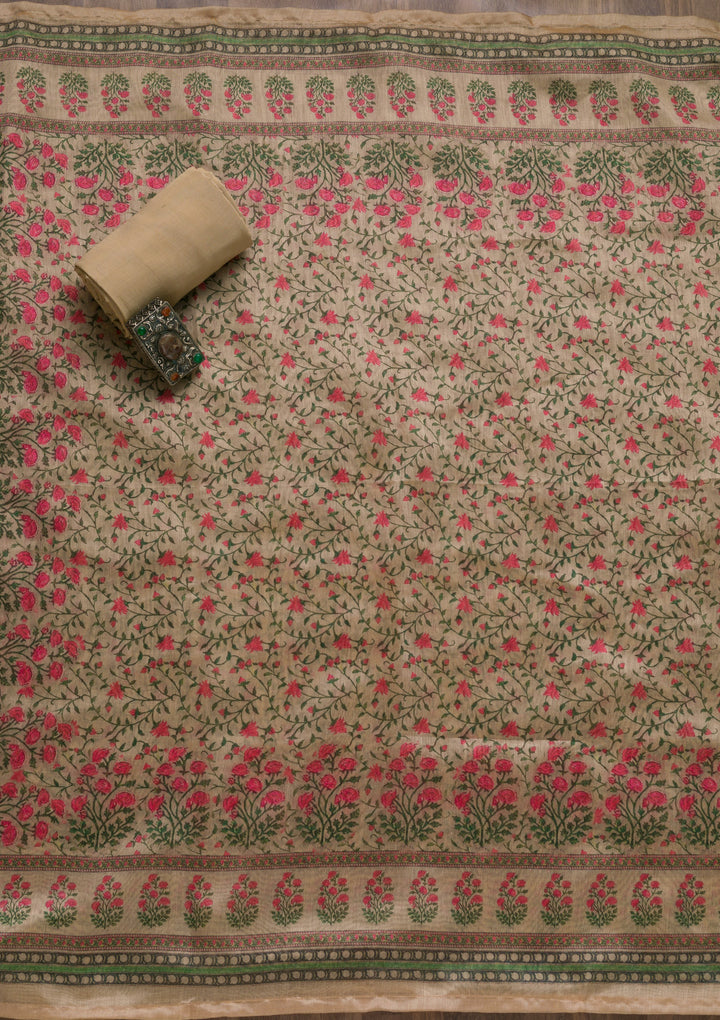 Beige Printed Semi Crepe Semi-Stitched Salwar Suit-Koskii