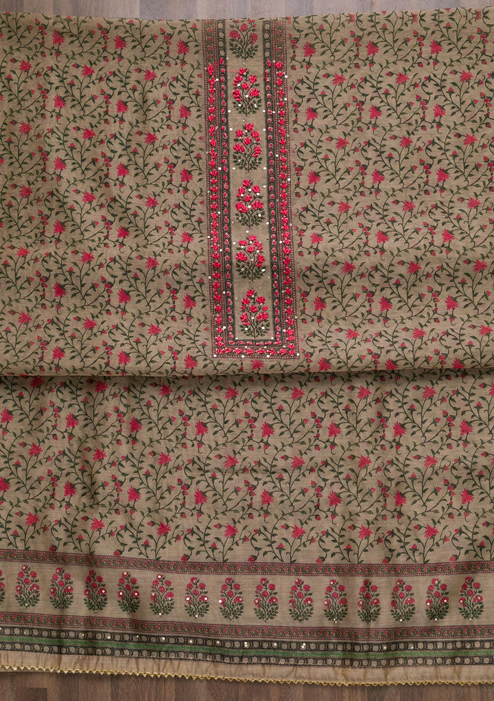 Beige Printed Semi Crepe Semi-Stitched Salwar Suit-Koskii