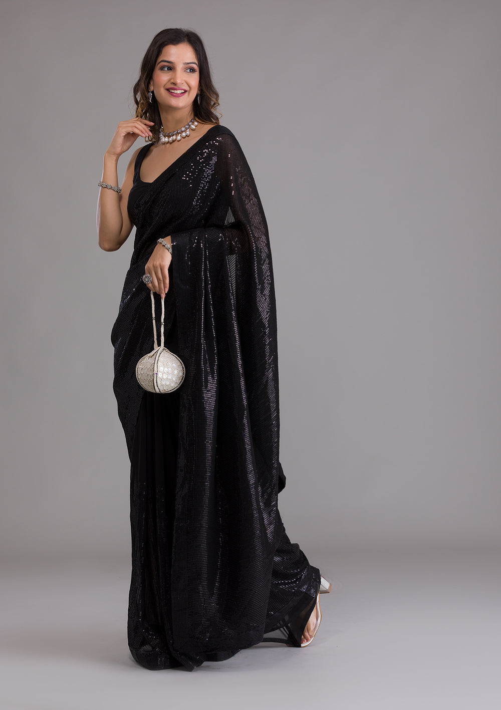 Black Sequins Georgette Saree-Koskii