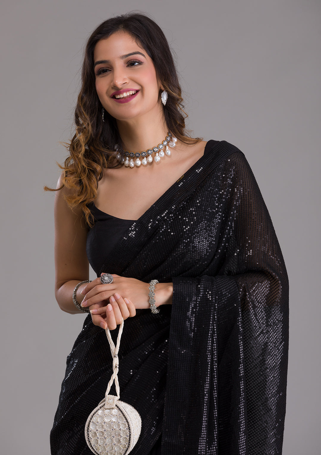 Black Sequins Georgette Saree-Koskii