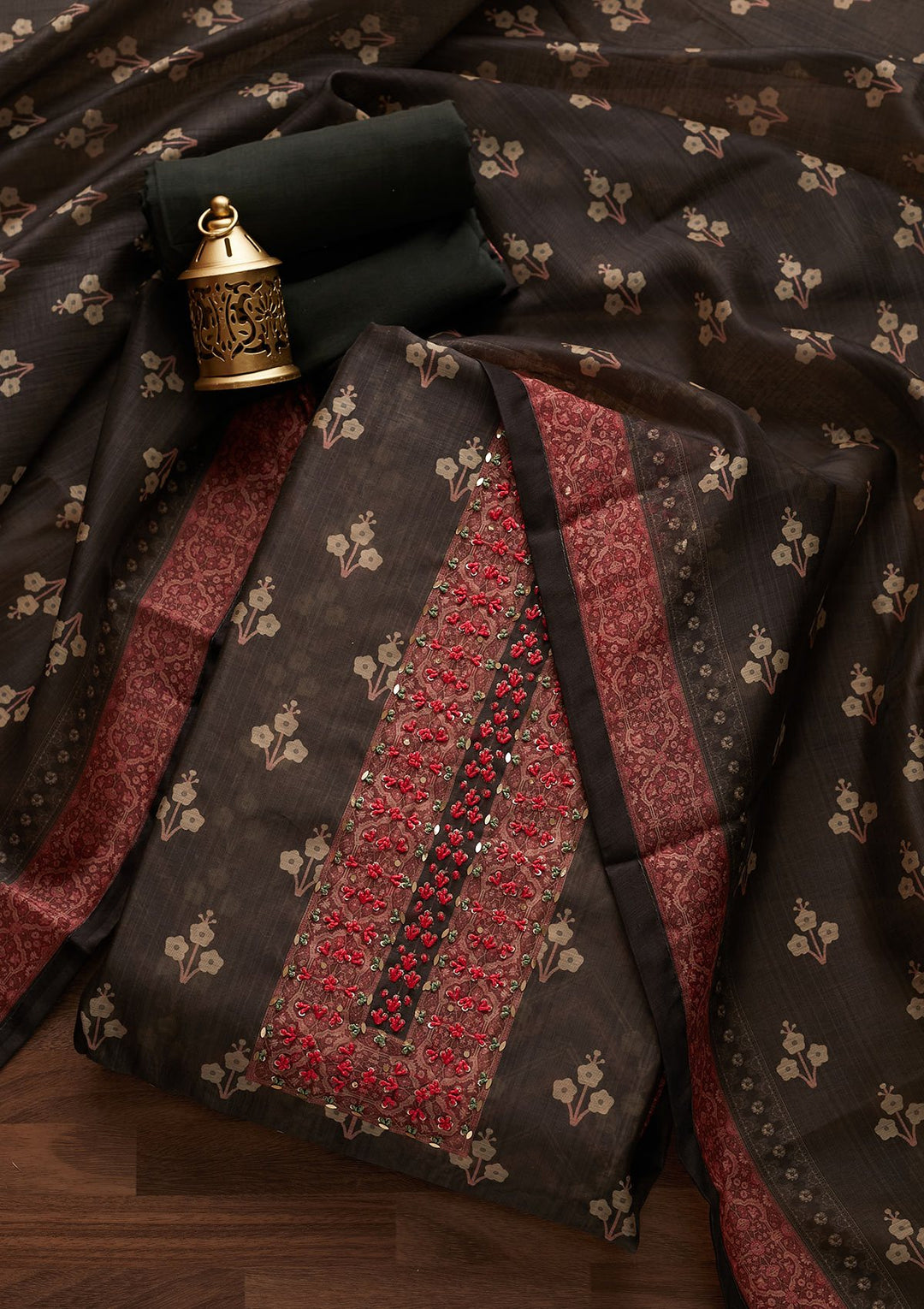 Black Sequins Semi Crepe Designer Unstitched Salwar Suit - Koskii