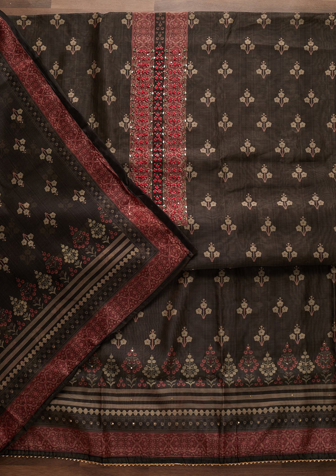 Black Sequins Semi Crepe Designer Unstitched Salwar Suit - Koskii