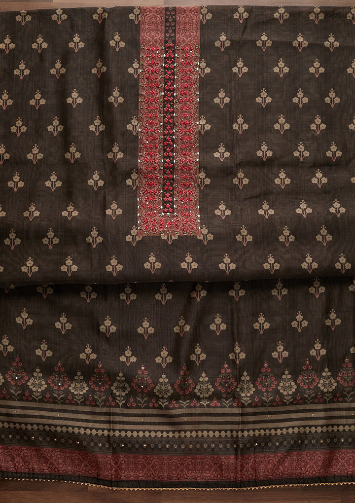 Black Sequins Semi Crepe Designer Unstitched Salwar Suit - Koskii