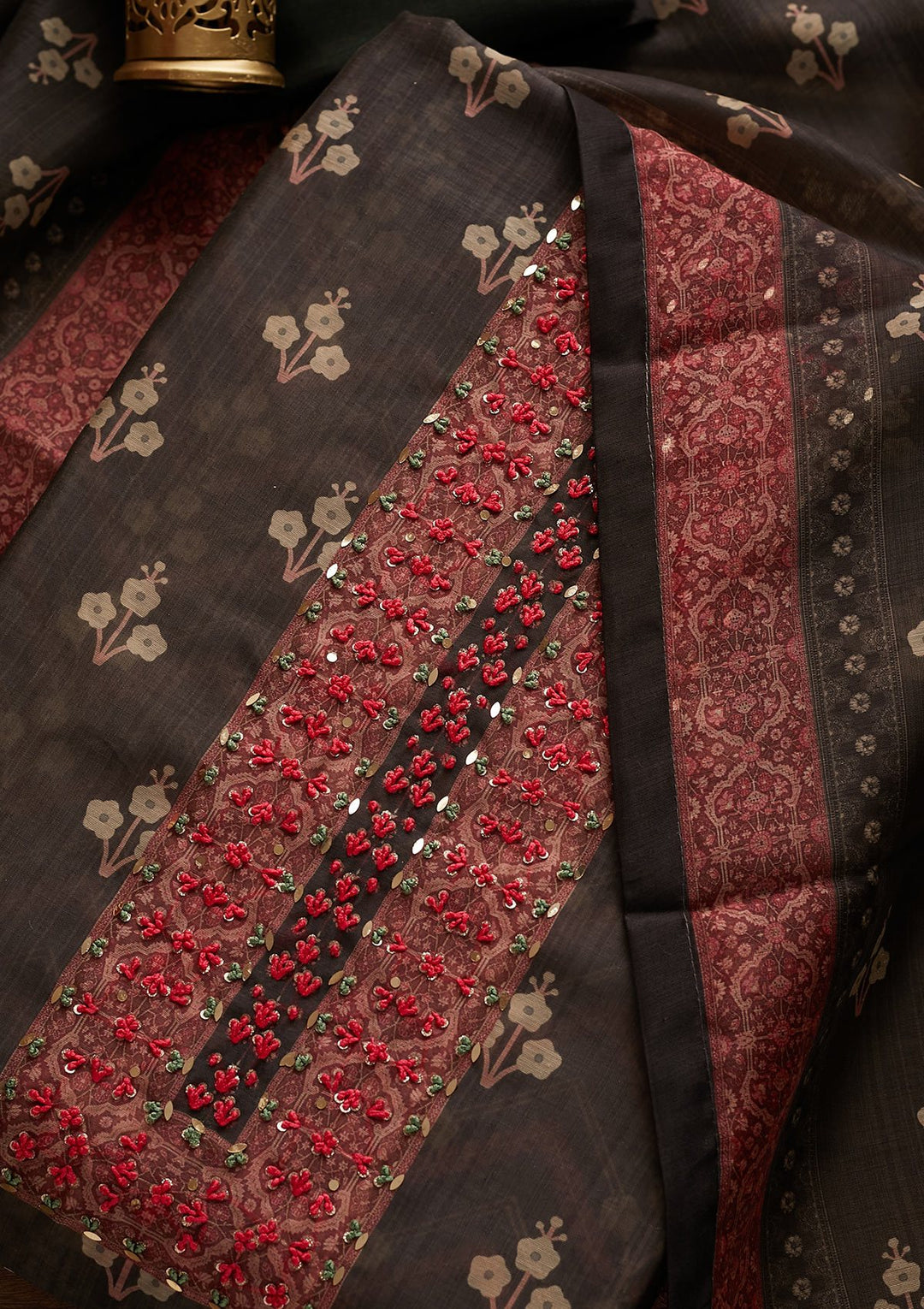 Black Sequins Semi Crepe Designer Unstitched Salwar Suit - Koskii