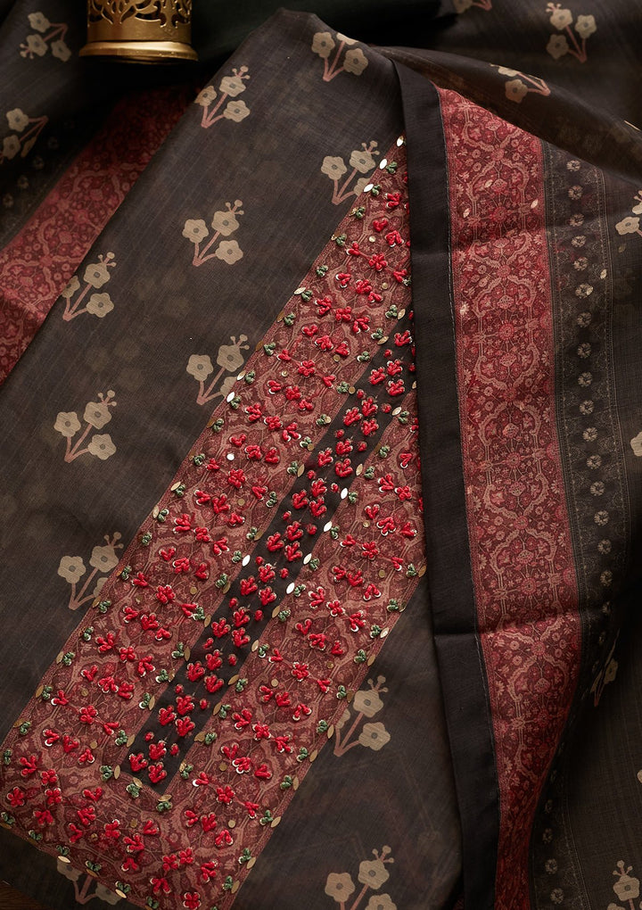 Black Sequins Semi Crepe Designer Unstitched Salwar Suit - Koskii